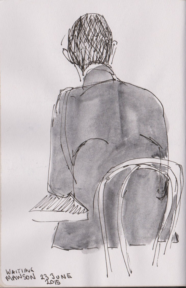 Seated man, pen, ink and wash, 23 June 2015