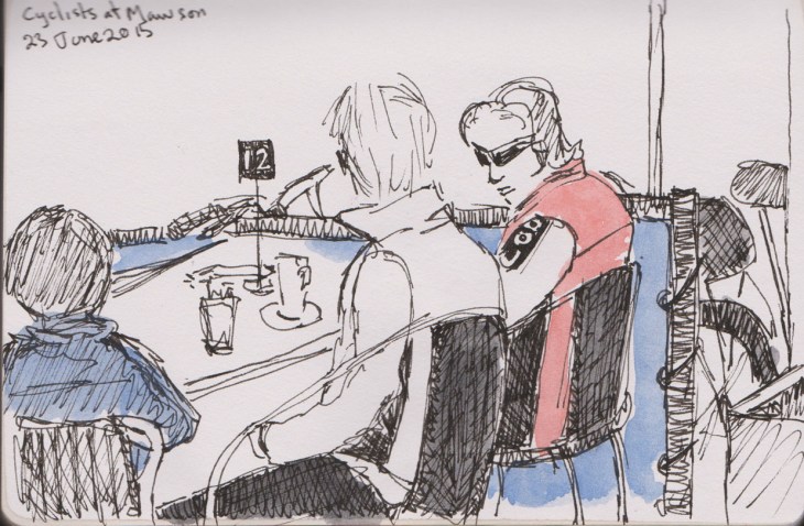 Cyclists, pen and ink and wash, 23 June 2015