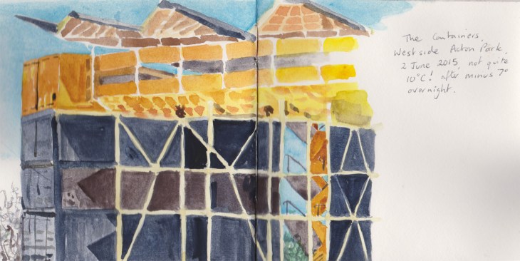 The big container stack at Westside at Acton, watercolour, 2 June 2015