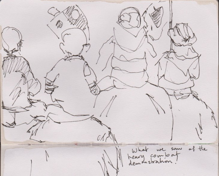 Too popular by half!, what we really saw of the combat reenactment, 8 June 2015, pen and ink