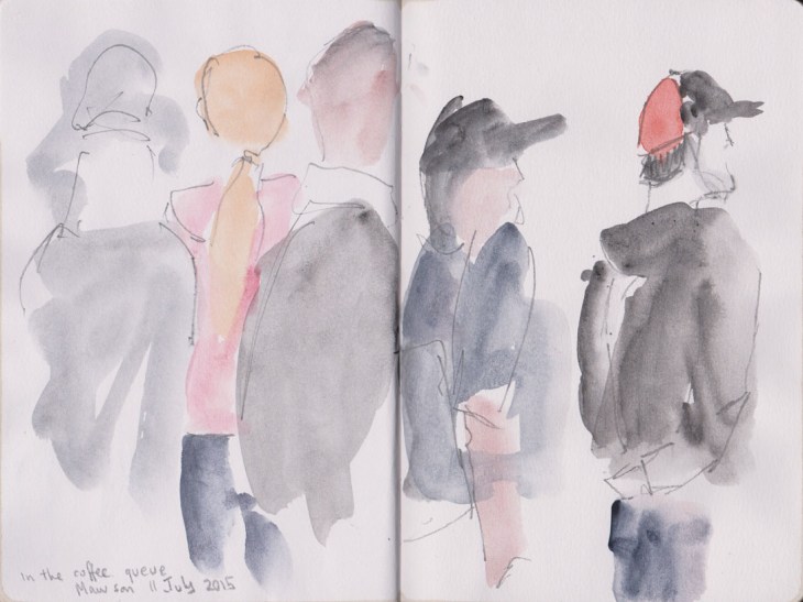 The coffee queue, watercolour and grapjite, 11 July 2015