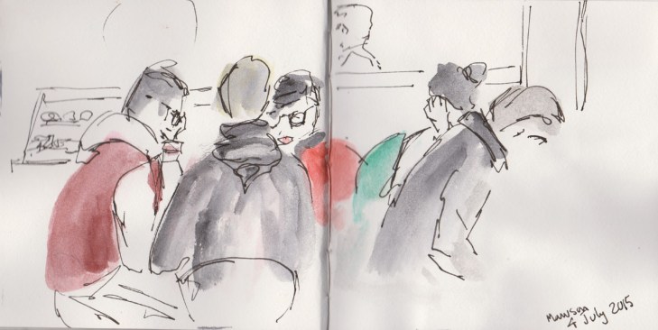 Busy Saturday, watercolour and pen and ink, 4 July 2015