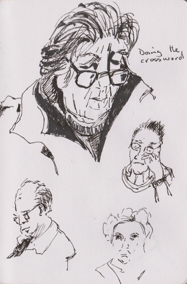 Faces at a coffee shop, pen and ink and brush pen, 14 August 2015