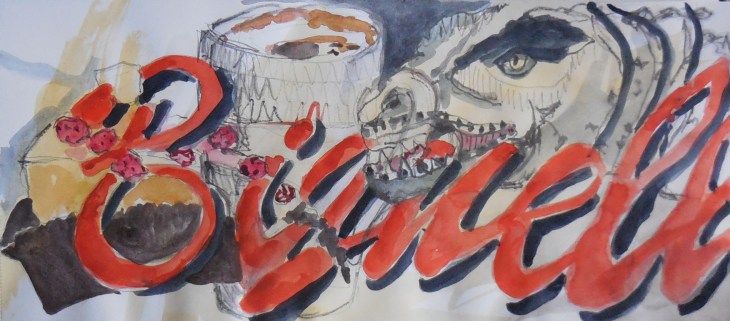 At Biginelli's along with the dinosaur, watercolour and watersoluble graphite, 19 August 2015