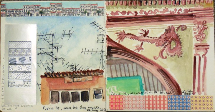 Drawings of the roof lines and building decorations in Purvis St Singapore, 22 July 2015, watercolour and pen and ink