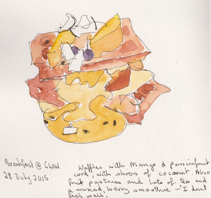 Breakfast at Glow, Waffles with mango and passionfruit curd