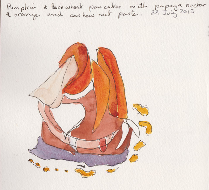 Breakfast at Glow, Pumpkin and buckwheat pancakes with papaya nectar and orange and cashew nut paste