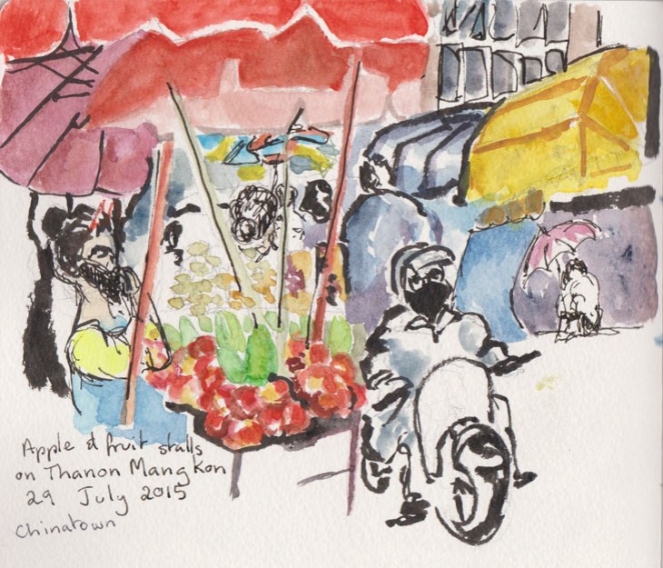 Apple stalls in Thanon Mangkon, Chainatown, Bangkok, 29 July 2015, watercolour, brush pen and ink