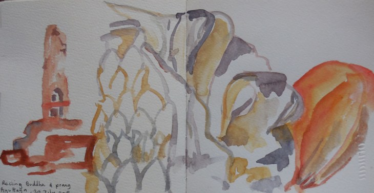 The Reclining Budhha, Ayutthaya, Thailand, watercolour, 30 July 2015