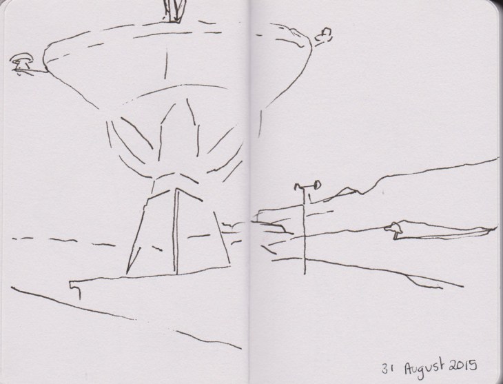 Simplified line drawing of the 26 metre dish, pen and ink, 31 August 2015