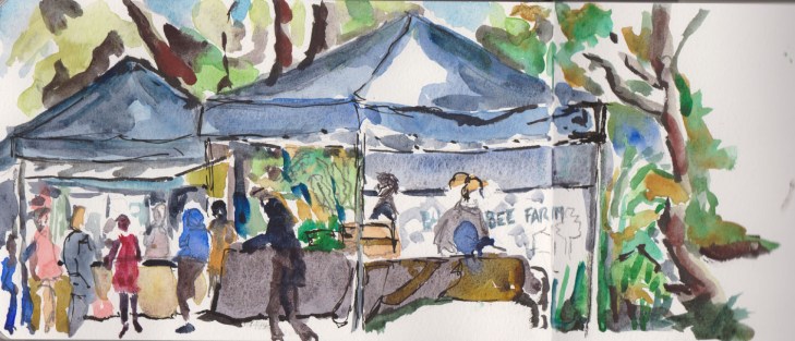 Stalls at the Eat Local Friday markets at the Australian National Botanic Gardens, brush pen, watercolour, pen and ink, 11 September 2015