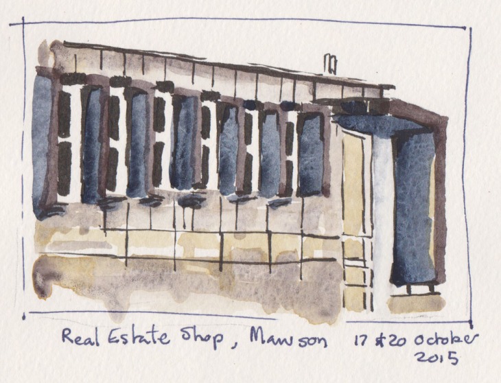 Shuttered facade on a real estate office, brushpen and watercolour, 17 & 20 October 2015