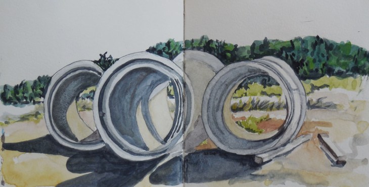 Sewerage pipes above the new subdivisions, watercolour, Mt Stromlo appears in the background, 25 September 2015