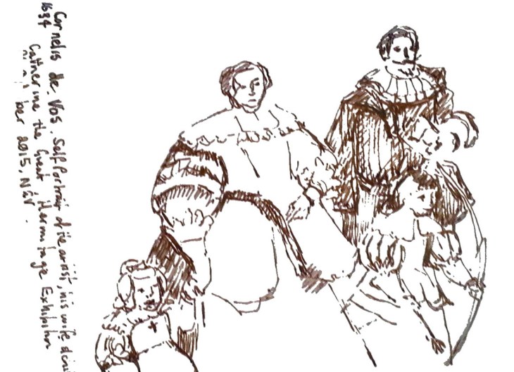 Self-portrait of the artist with his wife Suzanne Cock and their children, c1634, oil on canvas, pen and ink