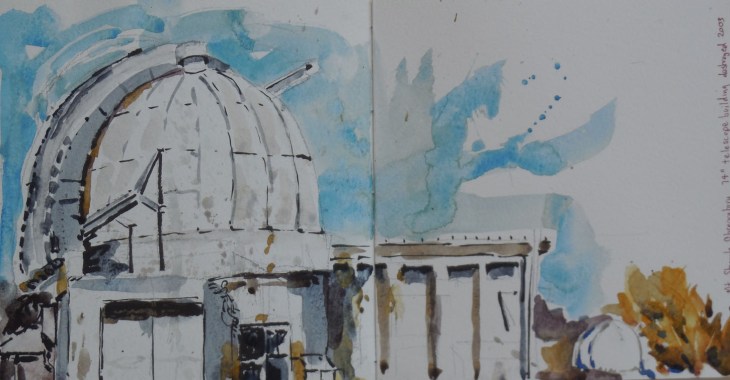 The 74 inch telescope building, Mt Stromlo, 28 September 2015, watercolour