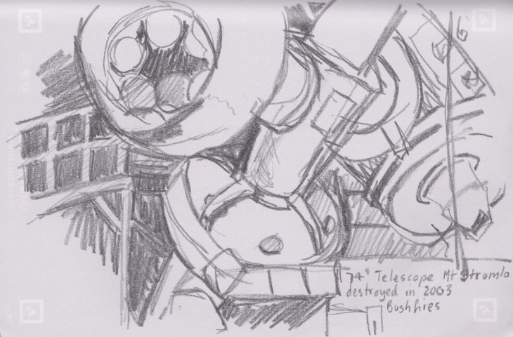 Remains of the 74" telescope, sketched through the window, graphite, 28 September 2015