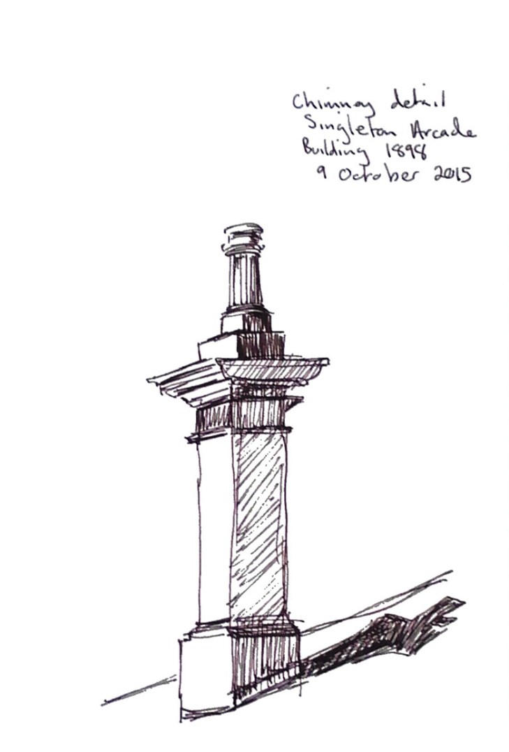 Chimney detail, the Singleton Arcade, pen and ink, 9 October 2015 