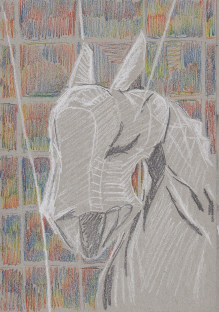 Detail of the head of one of the horses, Min Thein Sung Another Realm (horses), 2015, my sketch graphite, white chalk and coloured pencil on grey-toned paper