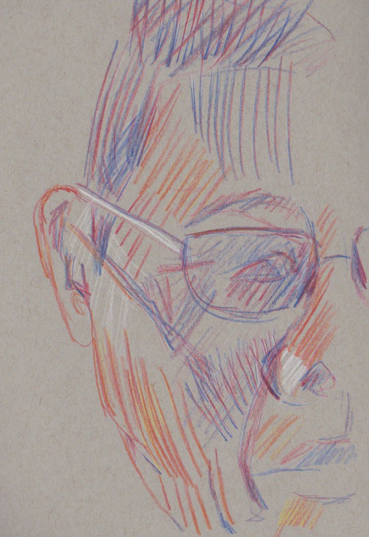 Obscured face, magic pencils Fire and America and white chalk