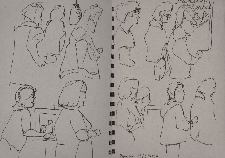 The queue at the bakery, pen and ink, 19 March 2016