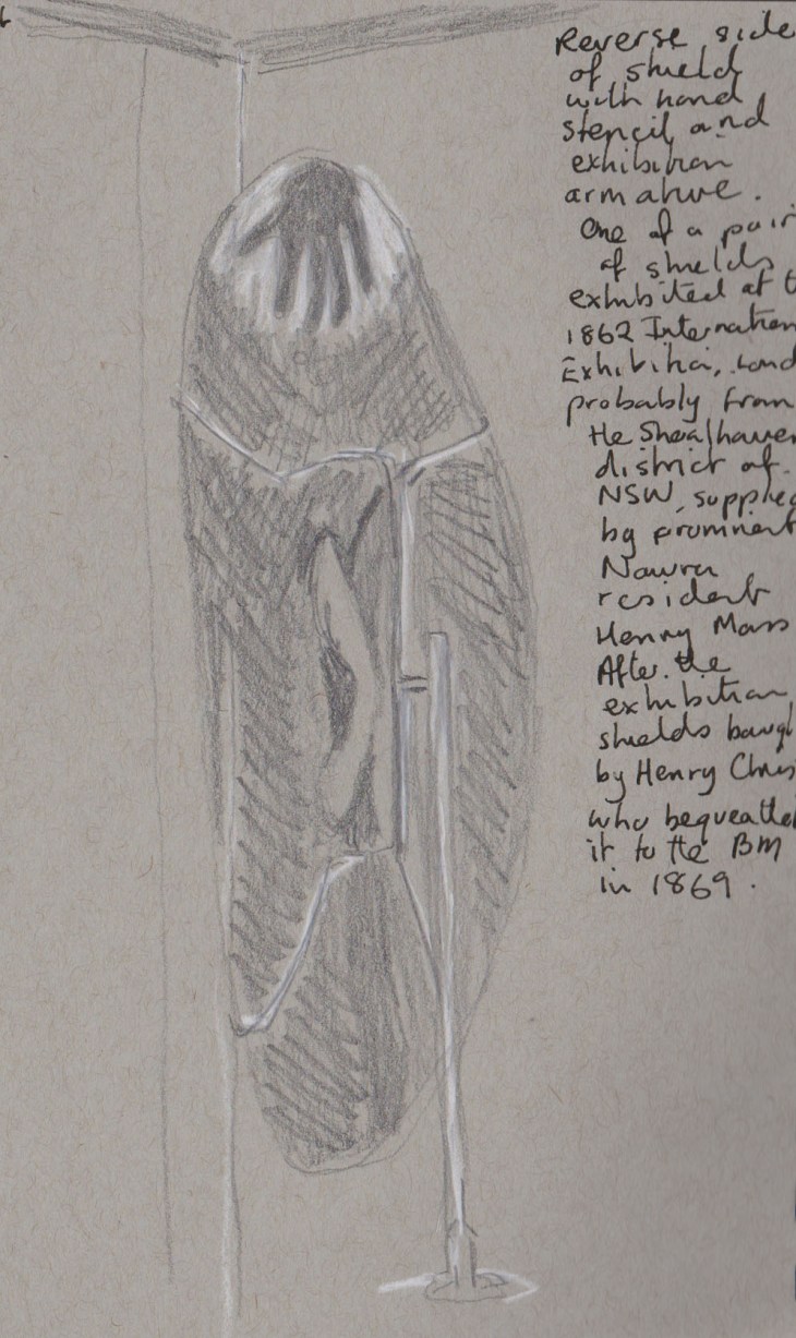 Reverse of a shield with hand stencil, probably from the Shoalhaven region of New South Wales. Exhibited at the 1862 International Exhibition, London. My sketch graphite and white chalk