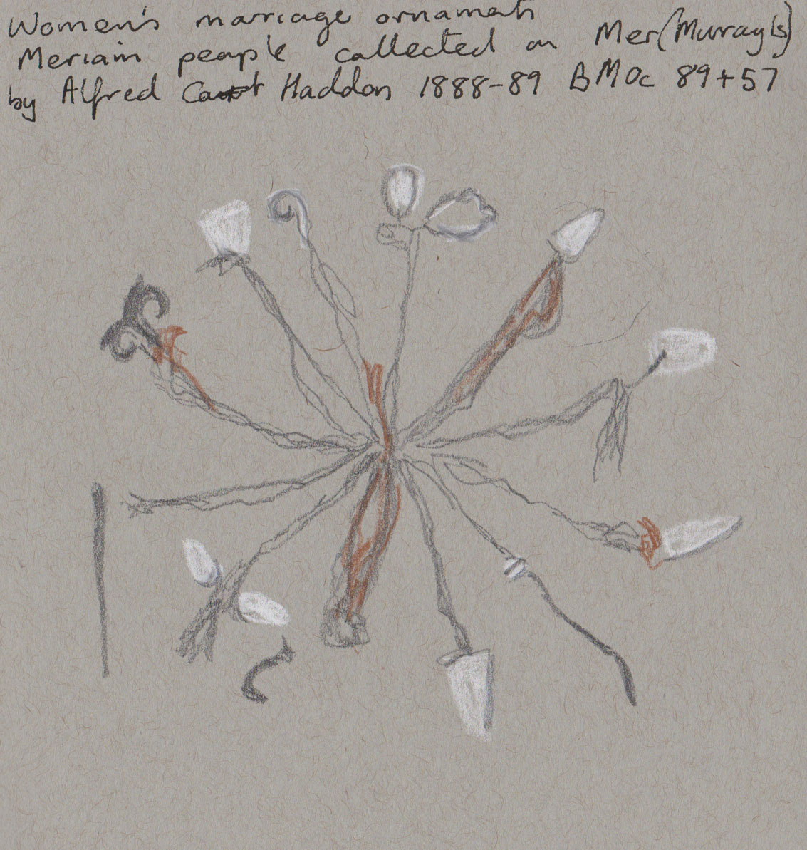 Women's marriage ornaments, Mer, late 1880's. My sketch graphite, white chalk and coloured pencil on grey-toned paper