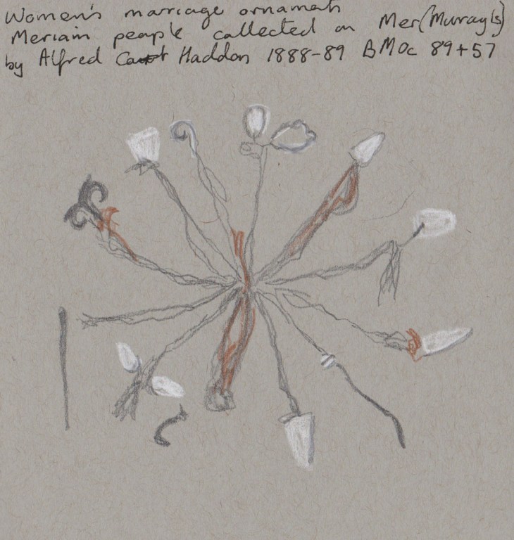 Women's marriage ornaments, Mer, late 1880's. My sketch graphite, white chalk and coloured pencil on grey-toned paper