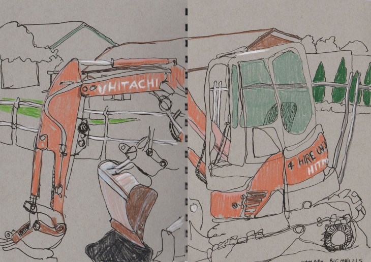 Small digger, 23 March 2016, coloured pencil, ink and white chalk on gray toned paper