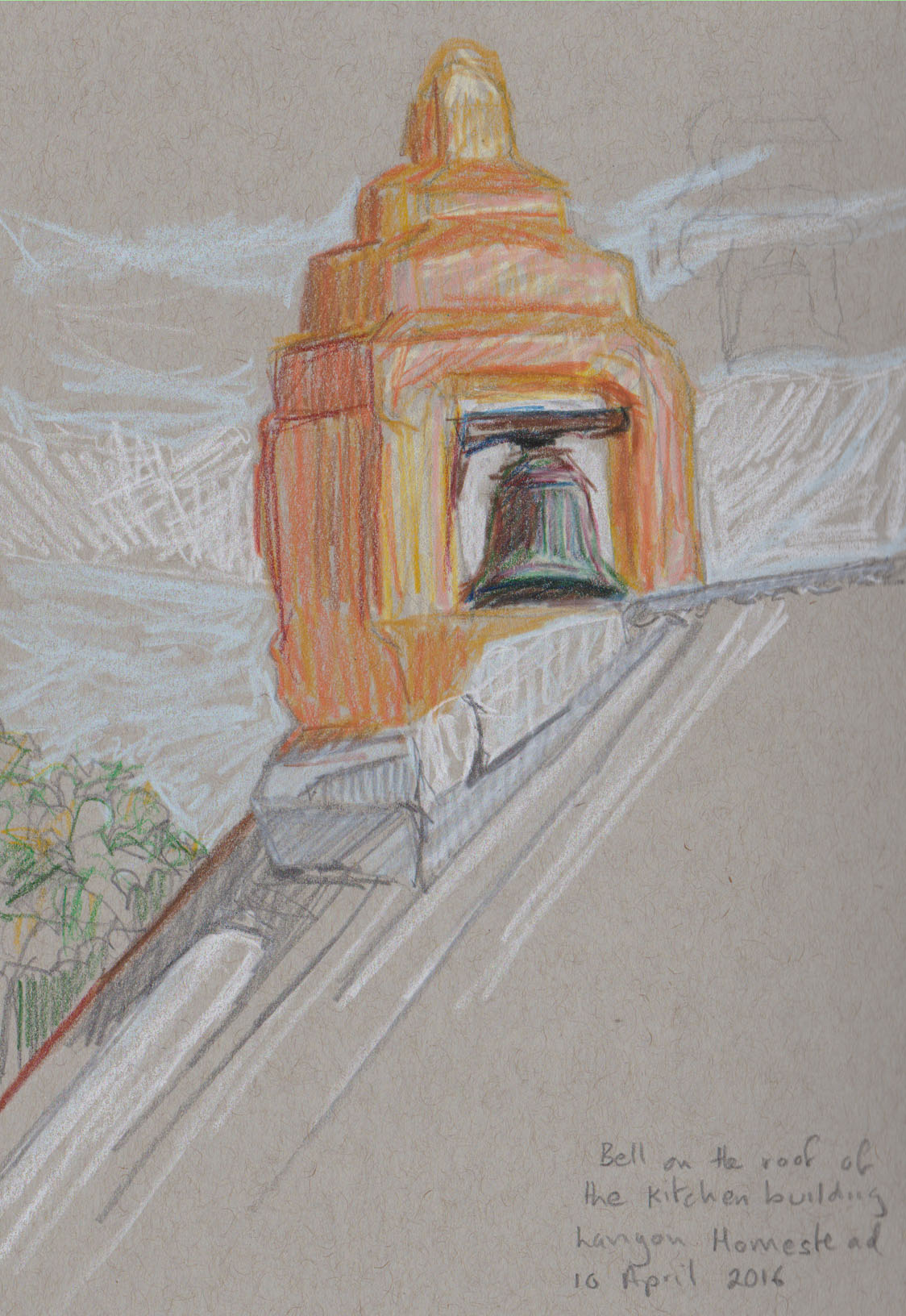 The bell on the kitchen block, Lanyon Homestead, circa 1830s. Coloured pencil and graphite