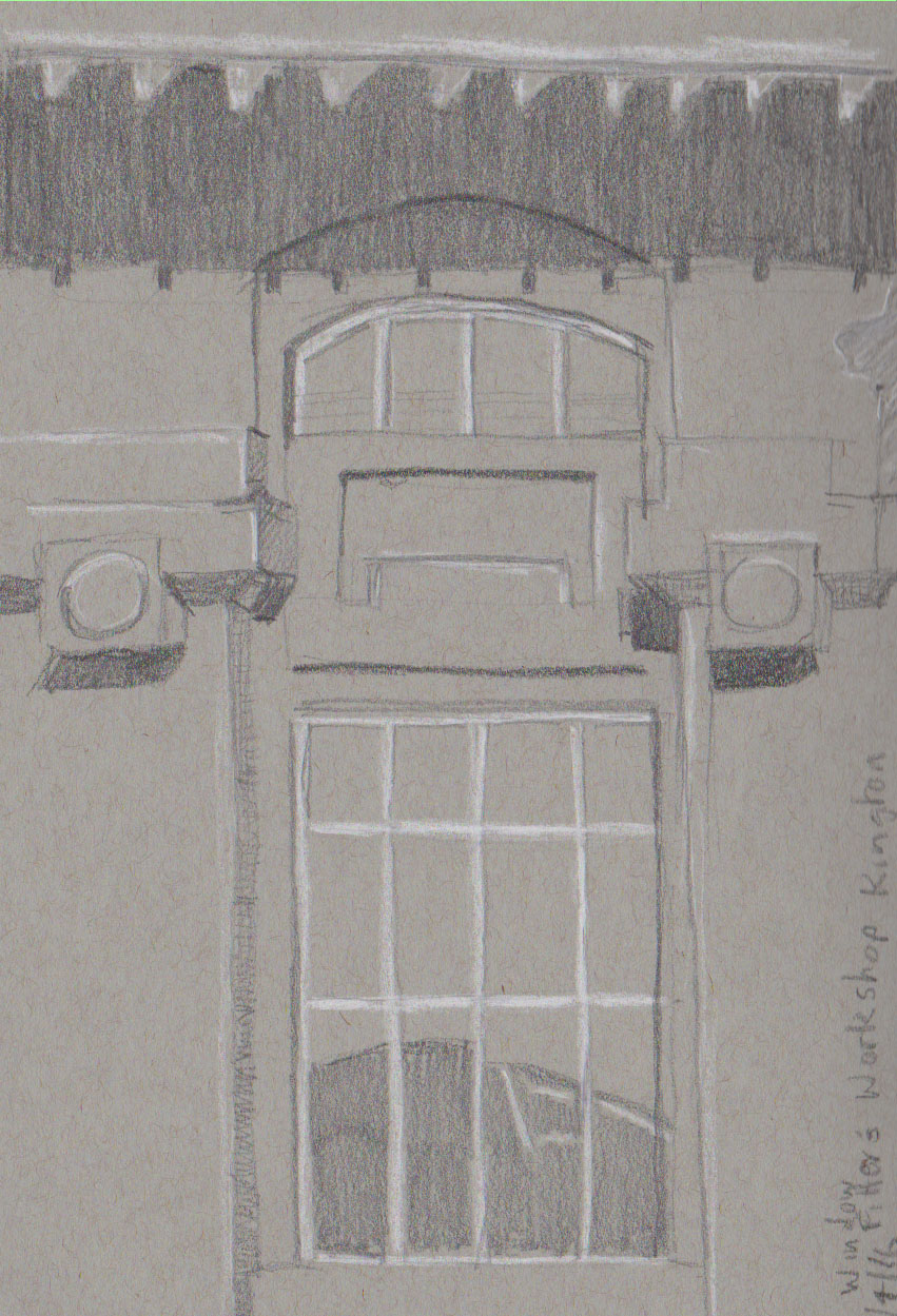 Detail of a window, the Fitter's Workshop. Graphite and white chalk on gray-toned paper.